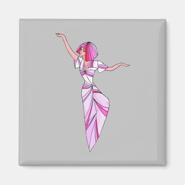 Aimant Danseur rose funky fille avec cheveux roses (Devant)