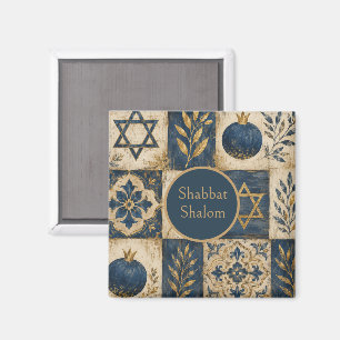 Aimant de cuisine Shabbat Shalom, bleu marine or