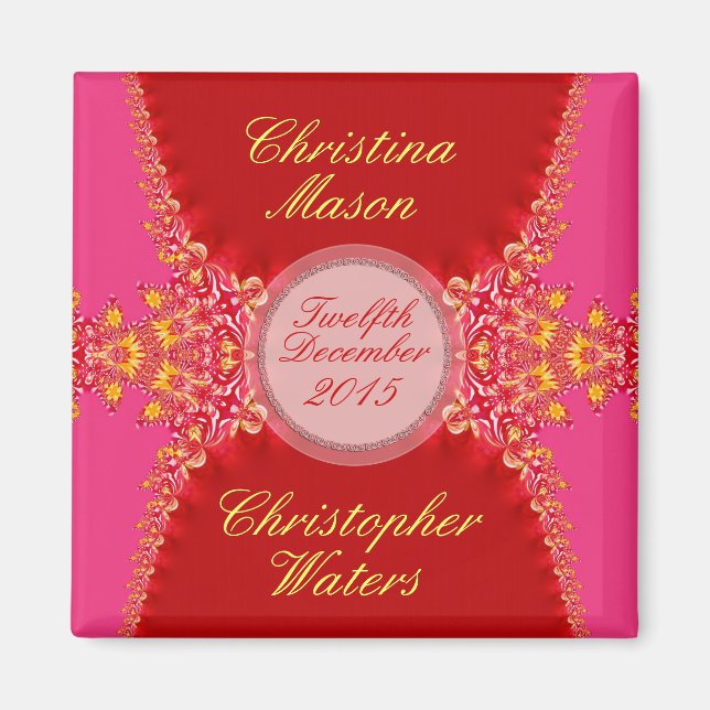 Aimant de Faveurs de Mariage en Satin Rouge et Ros (Devant)