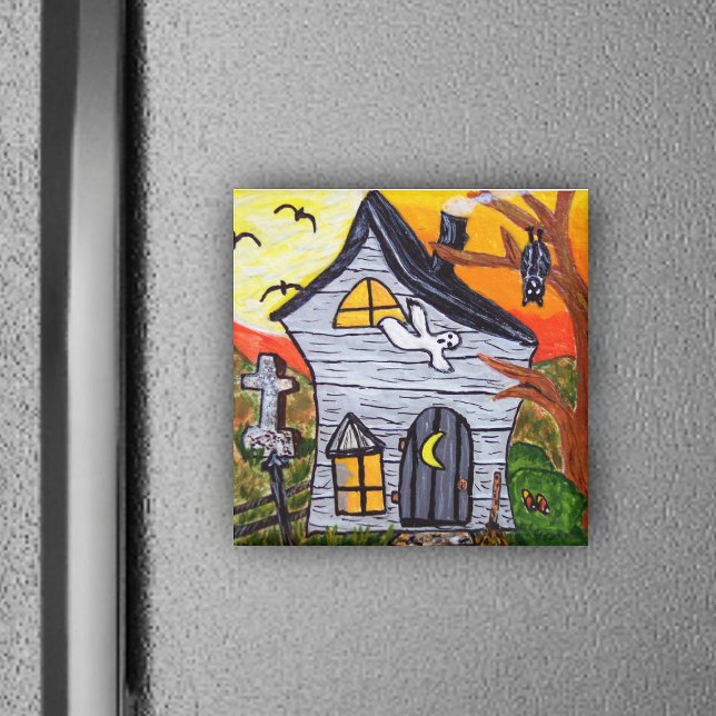 Aimant de maison hanté (Cute haunted house ghost graveyard on Halloween Frig magnet.)