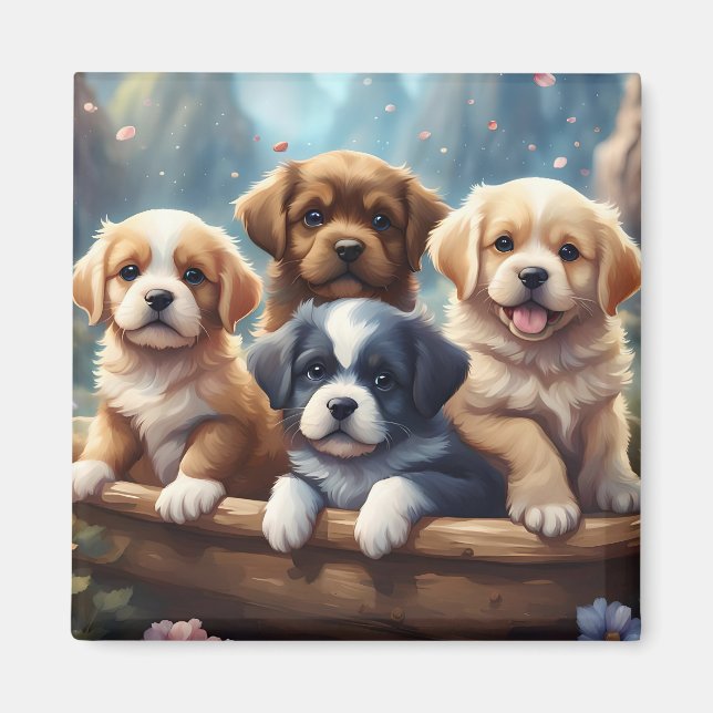 Aimant De mignons chiots dans un panier (Devant)