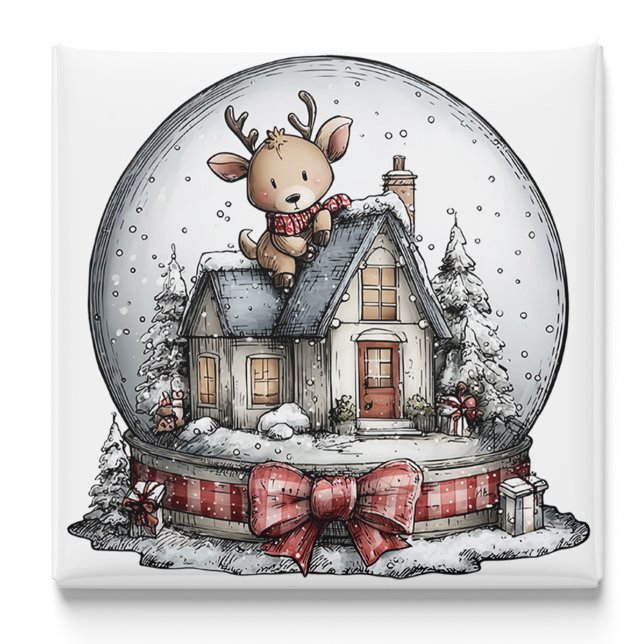 Aimant de Noël boule à neige hivernale Renne (Reindeer Winter Snow Globe Christmas Magnet by PiggyPrint Sticker.)