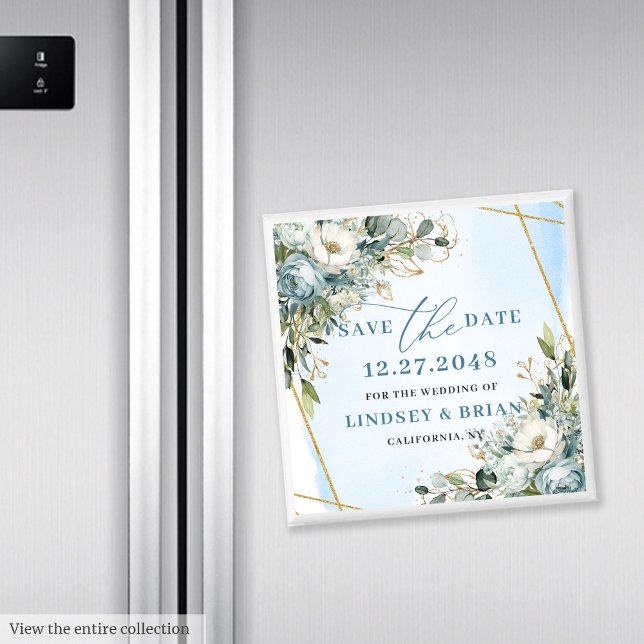 Aimant de notification de mariage Bleu poussiéreux (Romantic Dusty Blue Greenery Save the Date Magnet)