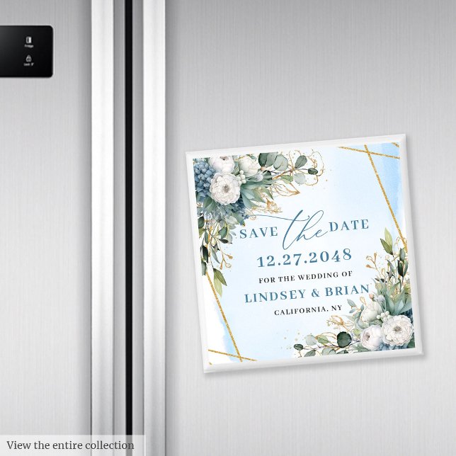 Aimant de sauvegarde de date floral bleu poussiére (Rustic Dusty Blue Floral Gold Save The Date Magnet

)