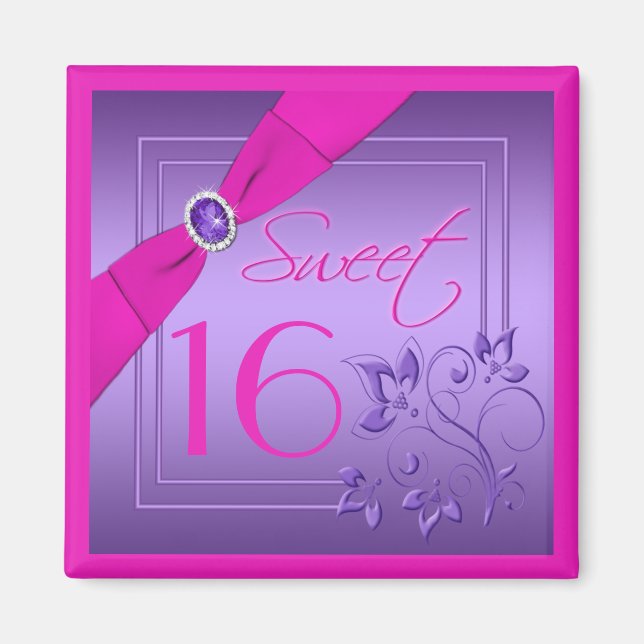 Aimant de Sweet sixteen à fleurs rose et violet (Devant)