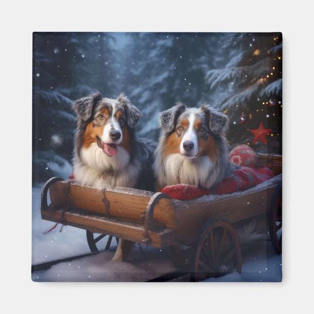 Aimant Décor de Noël du berger australien Snowy Sleigh (Devant)