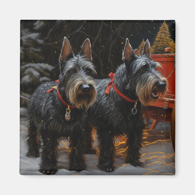 Aimant Décor de Noël écossais Terrier Snowy Sleigh (Devant)