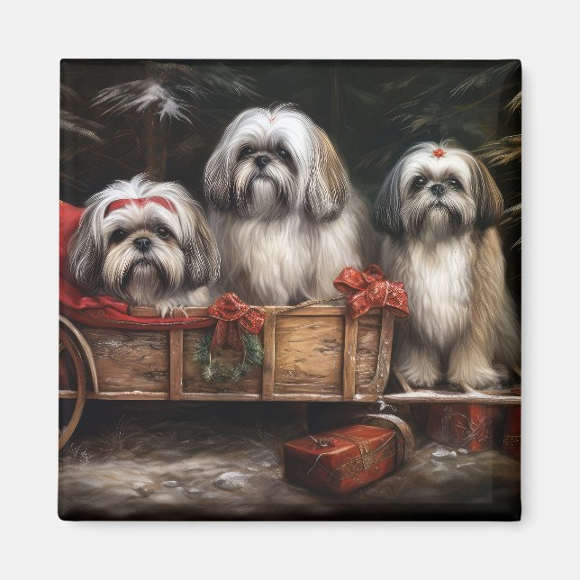 Aimant Décor de Noël Lhasa Apso Snowy Sleigh (Devant)