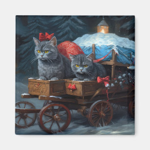 Aimant Décor de Noël Oriental Blue Cat Snowy Sleigh