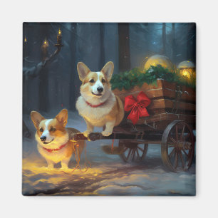 Aimant Décoration de Noël Chariot de Corgi enneigé