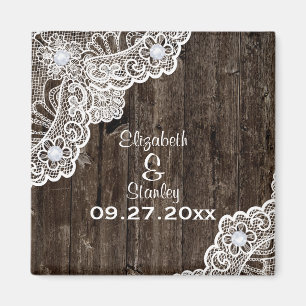 Aimant Dentelle blanche vintage, mariage sur bois ancien 