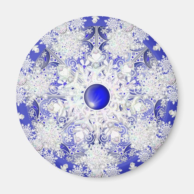 Aimant Dentelle en céramique Bleu de Grèce & flocon de ne (Devant)