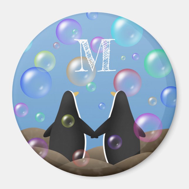 Aimant des amis pingouins regardant les bulles monogramme (Devant)