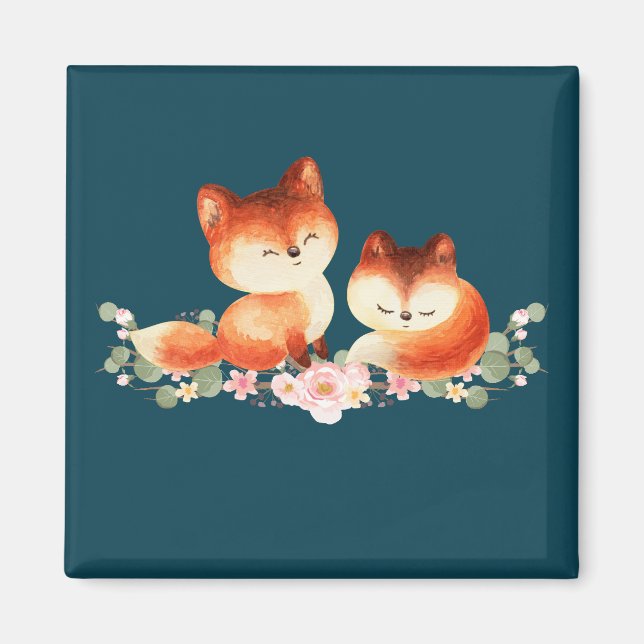 Aimant Dessin aquarelle de 2 renards roux mignons (Devant)