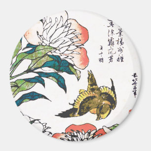 Aimant Dessin japonais vintage, Peonies et Bruant