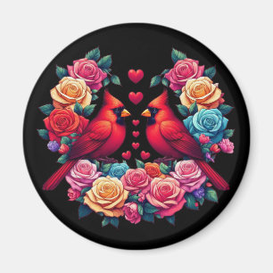 Aimant Deux cardinaux aux Roses et aux coeurs colorés