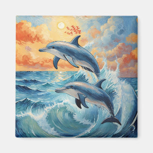 Aimant Deux dauphins de saut artistique Coucher de soleil