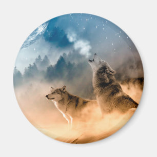 Aimant Deux loups hurlent à la pleine lune dans la forêt