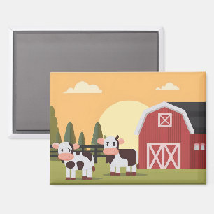 Aimant Deux vaches et une grange rouge au lever du soleil