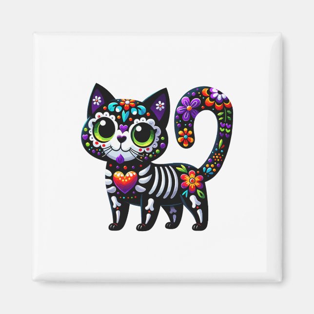 Aimant Dia De Los Muertos Cinco De Mayo Cat Crâne à sucre (Devant)