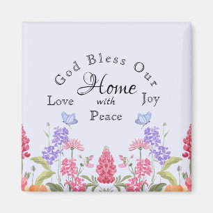 Aimant Dieu bénisse notre maison Bleu Floral Fleurs sauva