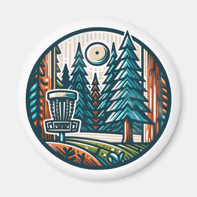 Aimant Disk Golf in the Woods Retro Vibe Art (Devant)