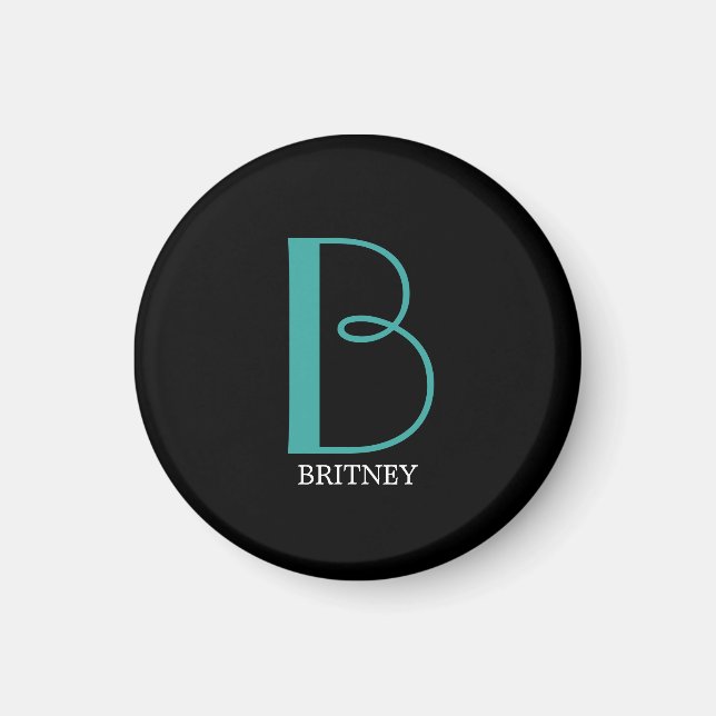 Aimant DIY Large Monogram & Name, Teal/White Text, Black (Devant)