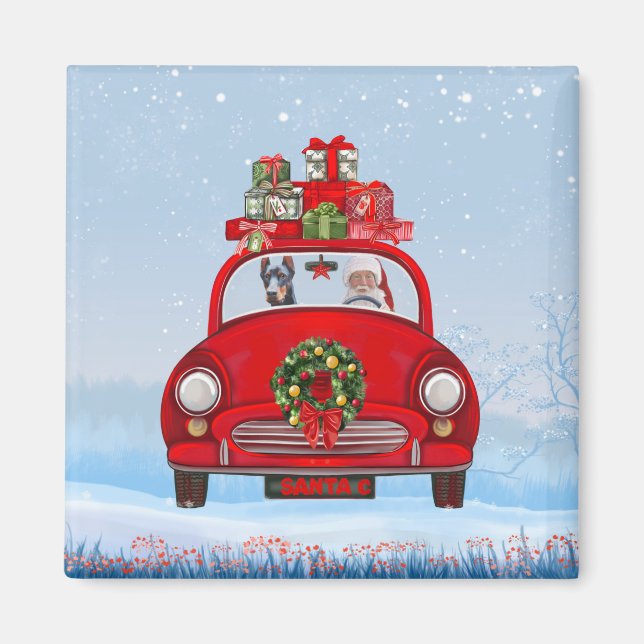 Aimant Doberman Chien En Voiture Avec Le Père Noël (Devant)