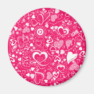 Aimant Doodles d'amour du coeur rose-blanc-rond
