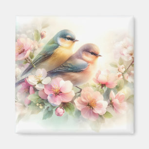 Aimant Douce Amour Oiseaux Fleurs de Printemps Pastel