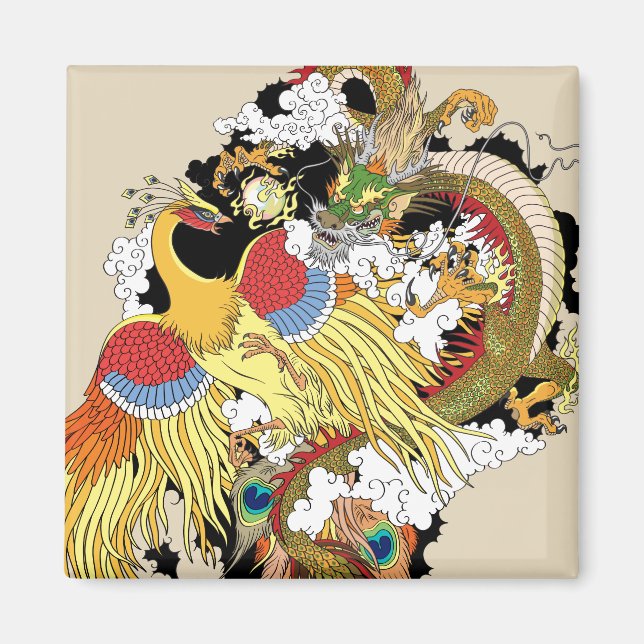 Aimant dragon chinois et phoenix (Devant)