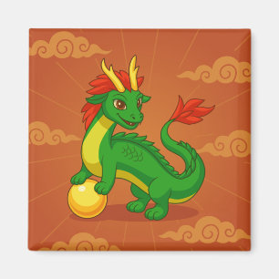 Aimant Dragon Chinois Vert sur Fond Rouge