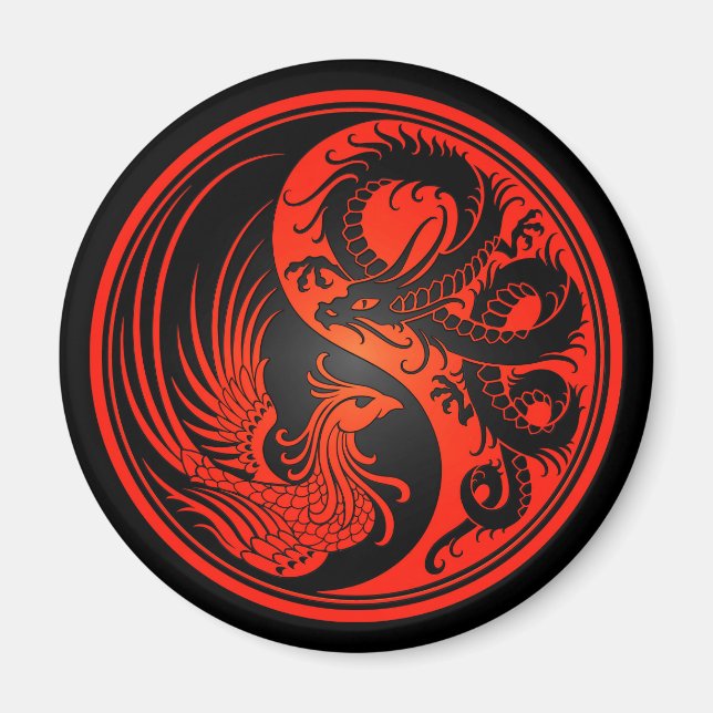 Aimant Dragon rouge et noir Phoenix Yin Yang (Devant)