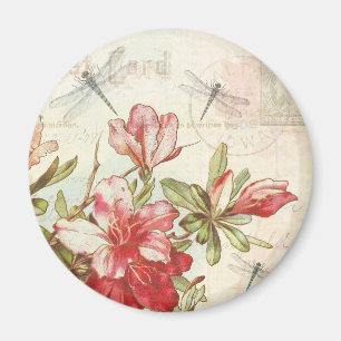 Aimant Dragonfly Vintage Floral Fleurs rouges Azaleas