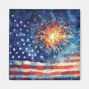 Aimant Drapeau américain et feux d'artifice & Serment amé