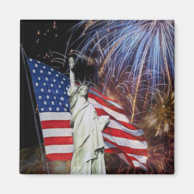Aimant Drapeau américain, feux d'artifice et statue de la (Devant)
