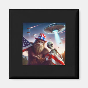 Aimant Drapeau Américain Sasquatch Avec Alien Ufo Bigfoot