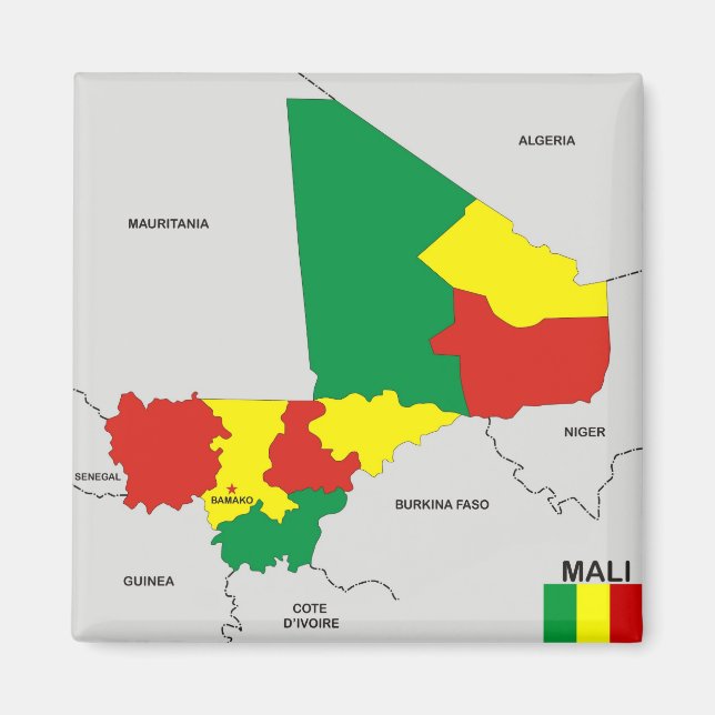 Aimant drapeau de la carte politique du pays mali (Devant)