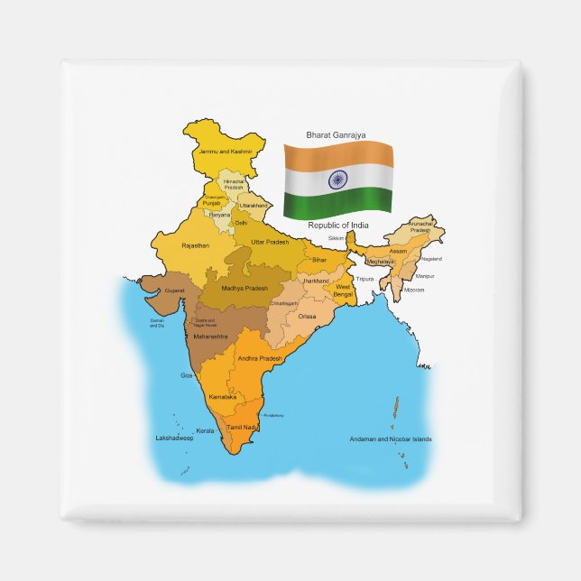 Aimant Drapeau et carte de l'Inde (Devant)