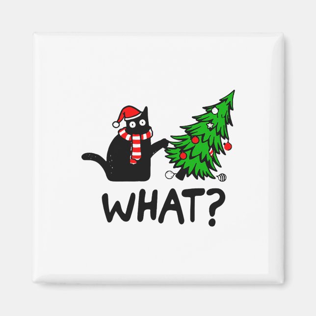 Aimant Drôle cadeau de chat noir Poussant l'arbre de Noël (Devant)