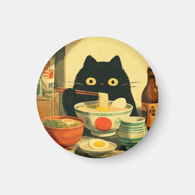 Aimant Drôle chat noir manger Ramen (Devant)