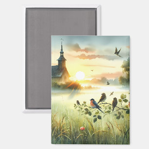 Aimant Église au lever du soleil avec des oiseaux dans un