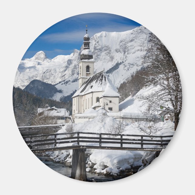 Aimant Eglise dans la neige avec les Alpes (Devant)