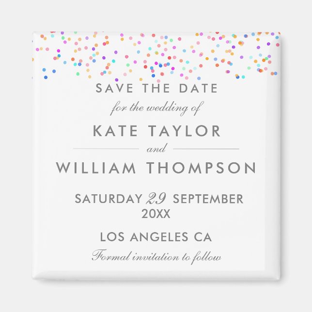 Aimant Elégant Arc En Ciel Confetti Enregistrer La Date (Devant)