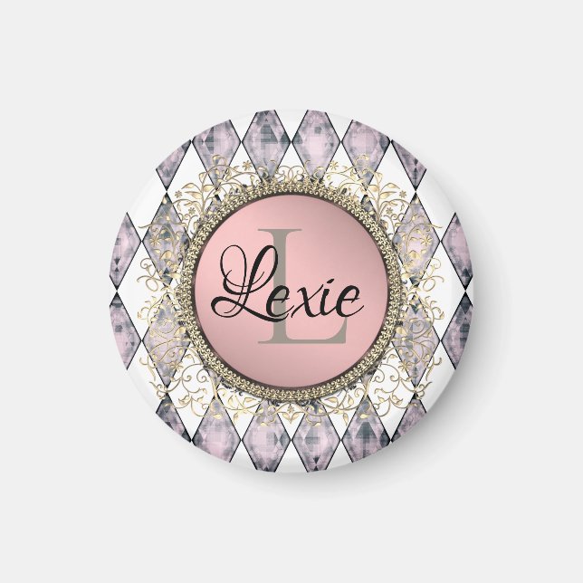 Aimant Élégant arlequin rose-bleu monogramme (Devant)