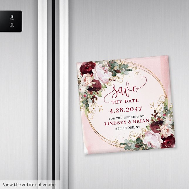 Aimant Élégant Bohème Burgundy Blush Or Fleur Save the Da (Elegant Boho Burgundy Blush Gold Floral Save the Date Magnet

)