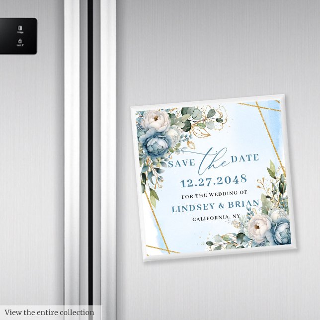 Aimant Élégant Bohème Pivoine Bleu Poussiéreux Floral Éco (Elegant Dusty Blue Peony Floral Save the Date Magnet)
