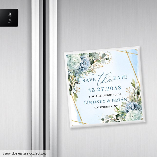 Aimant Elégant Boho Dusty Blue Floral Gold Enregistrer La (Elegant Dusty Blue Floral Gold Save The Date Magnet

)
