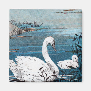Aimant Elégant Cygne Blanc Avec Bébé