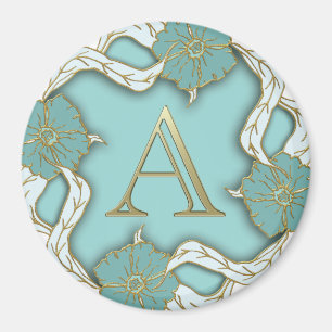 Aimant Élégant Floral Turquoise or lettre A